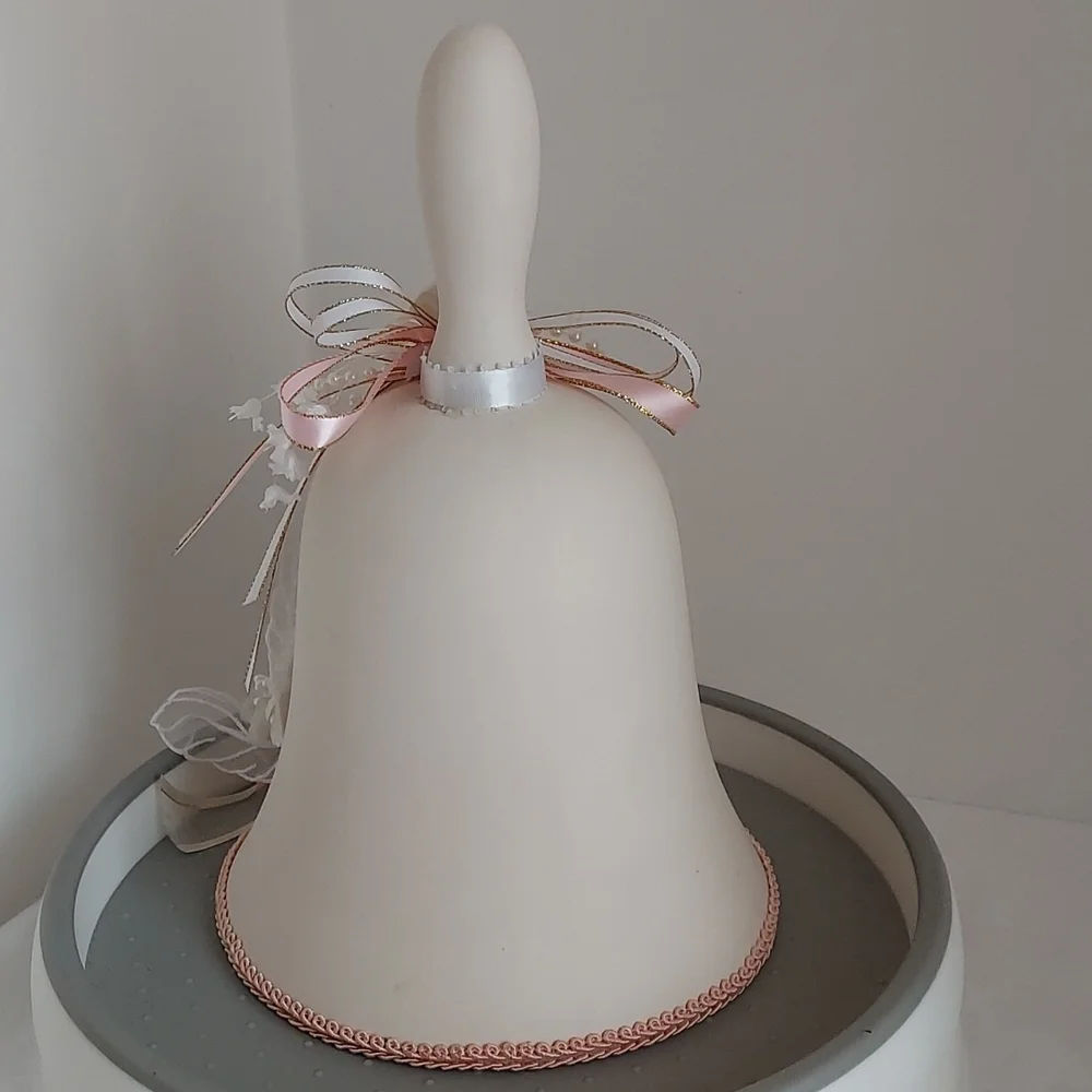 Wedding Cake Topper Lg Ceramic Bell shape w Bride & Groom Pink/White